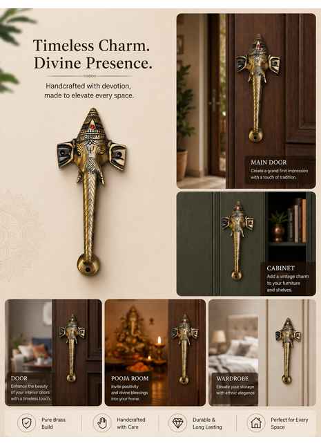 Brass Lord Ganesha Vintage Door Handle - Pure Brass Furniture Hardware for Home Decor Renovation
