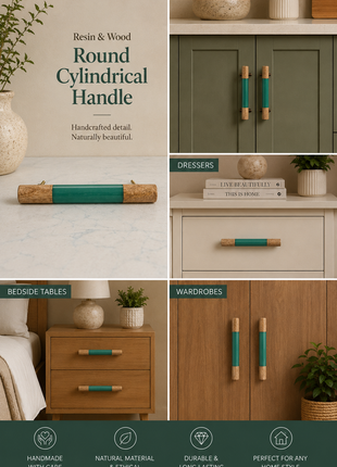 Resin and Wood Round Cylindrical Shape Kitchen Cabinet Drawer Handle, Green