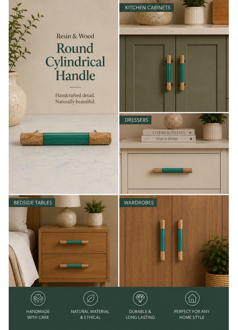 Resin and Wood Round Cylindrical Shape Kitchen Cabinet Drawer Handle, Green