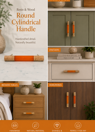 Resin and Wood Round Cylindrical Shape Kitchen Cabinet Drawer Handle, Orange