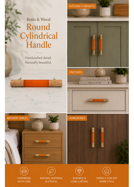 Resin and Wood Round Cylindrical Shape Kitchen Cabinet Drawer Handle, Orange