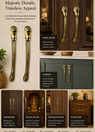 Lion Bearded Antique Brass Finished Door Handles - Vintage Style Cabinet Furniture Hardware