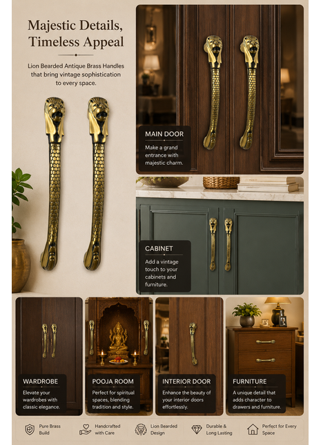 Lion Bearded Antique Brass Finished Door Handles - Vintage Style Cabinet Furniture Hardware