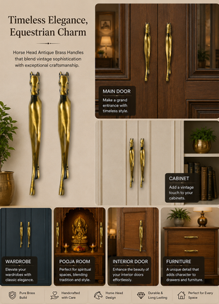 Horse Head Antique Brass Finished Door Handles - Vintage Style Cabinet Furniture Hardware