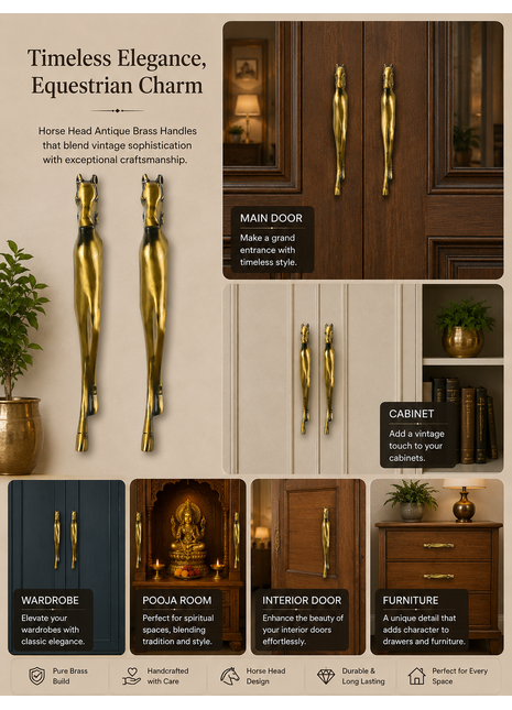 Horse Head Antique Brass Finished Door Handles - Vintage Style Cabinet Furniture Hardware