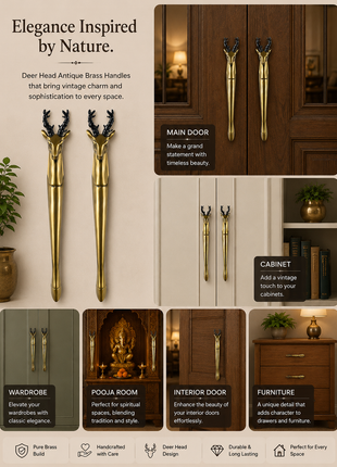 Deer Head Antique Brass Finished Door Handles - Vintage Style Cabinet Furniture Hardware