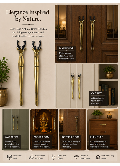 Deer Head Antique Brass Finished Door Handles - Vintage Style Cabinet Furniture Hardware