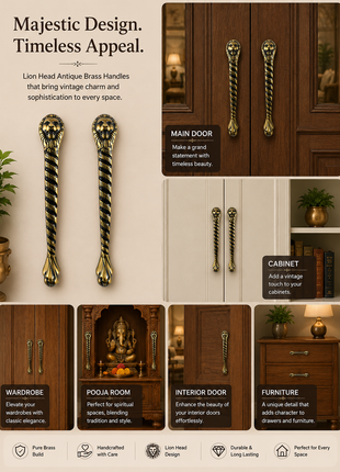 Lion Head Antique Brass Finished Door Handles - Vintage Style Cabinet Furniture Hardware
