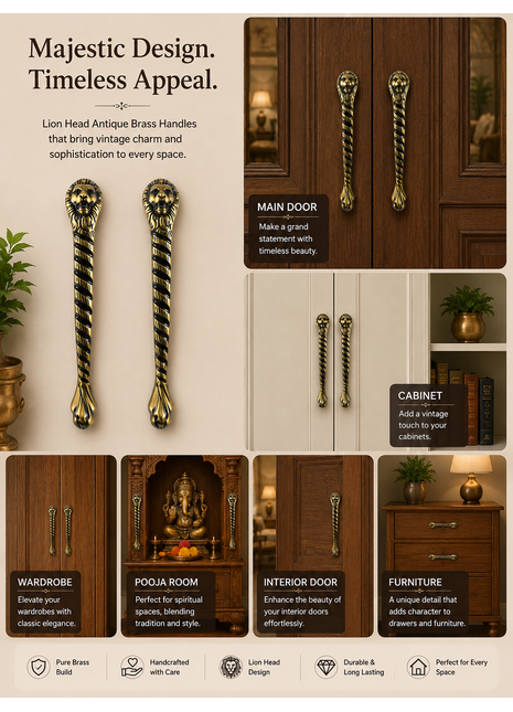 Lion Head Antique Brass Finished Door Handles - Vintage Style Cabinet Furniture Hardware