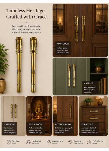 Egyptian Horse Antique Brass Finished Door Handles - Vintage Style Cabinet Furniture Hardware