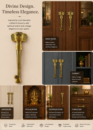 Lord Ganesha Antique Brass Finished Door Handles - Vintage Style Cabinet Furniture Hardware