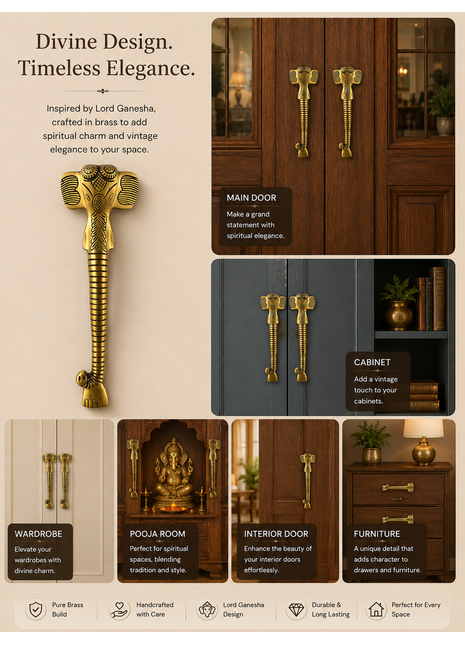 Lord Ganesha Antique Brass Finished Door Handles - Vintage Style Cabinet Furniture Hardware