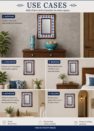 Stylish Blue And White Tile Mirror On Sagwan Wooden Frame