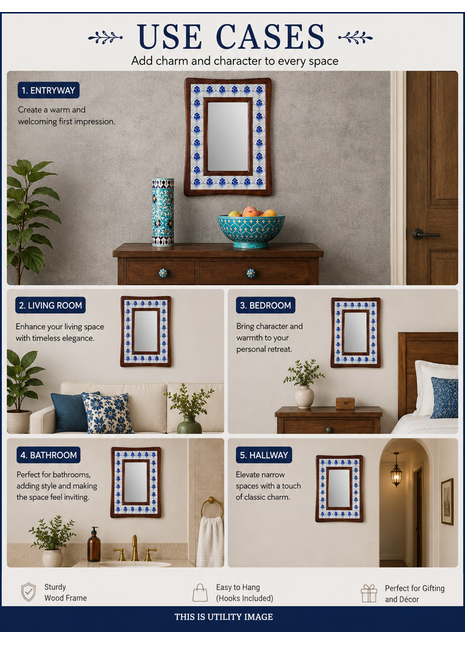 Stylish Blue And White Tile Mirror On Sagwan Wooden Frame