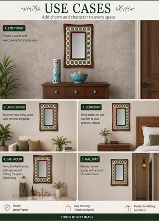 Green And White Ceramic Tile Mirror With Wooden Frame