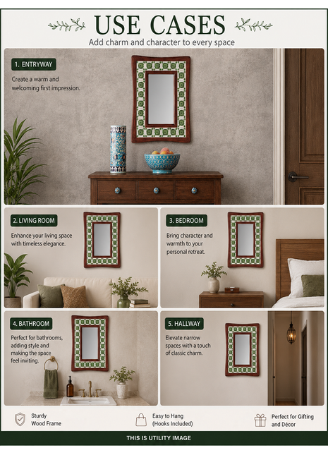 Green And White Ceramic Tile Mirror With Wooden Frame