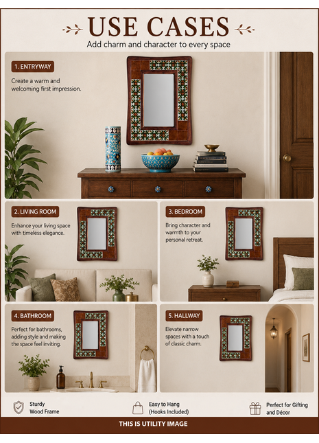 Brown And White Tile Mirror With Floral Design