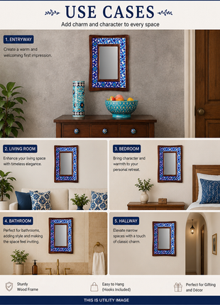 Blue Floral Design On White Tile Mirror Wooden Frame