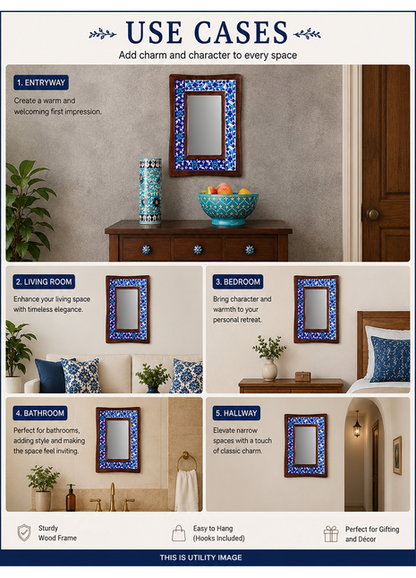 Blue Floral Design On White Tile Mirror Wooden Frame