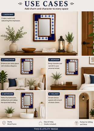 Blue Solid And Floral Tile Mirror On Sagwan Wooden Frame