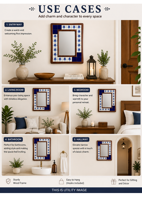 Blue Solid And Floral Tile Mirror On Sagwan Wooden Frame