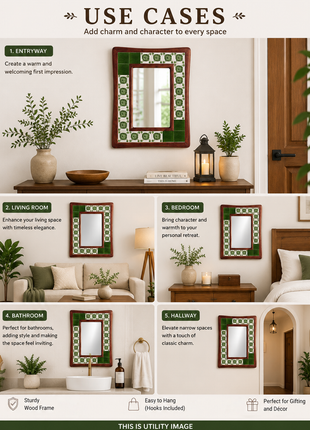 Green Solid And Floral Tile Mirror On Wooden Frame