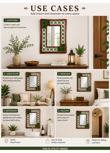 Green Solid And Floral Tile Mirror On Wooden Frame