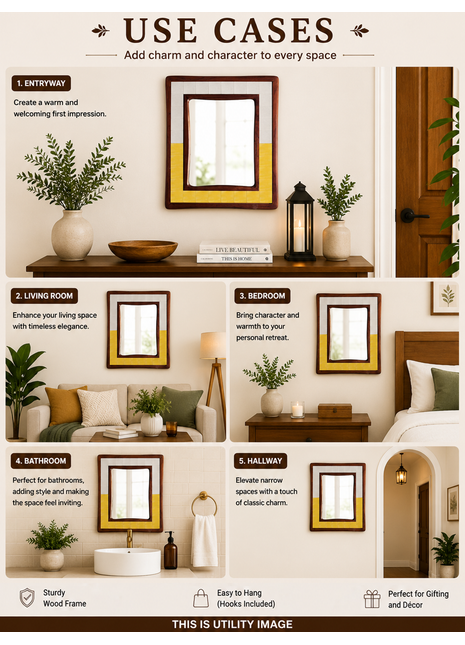 Solid White And Yellow Tile Mirror On Sagwan Wooden Frame