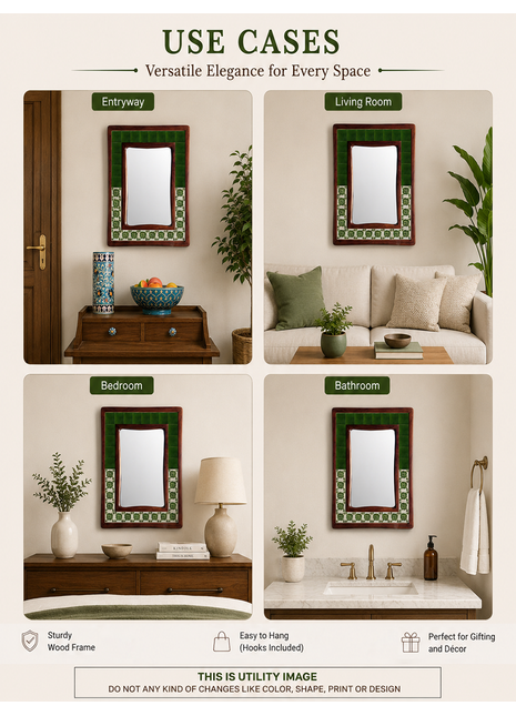 Dark Green Solid With Half Floral Tiles On Wooden Frame