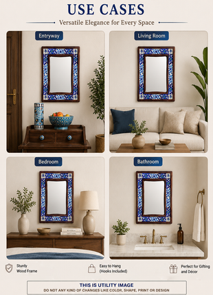 Elegant White And Blue Tile Mirror With Floral Print