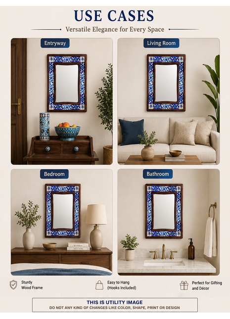Elegant White And Blue Tile Mirror With Floral Print