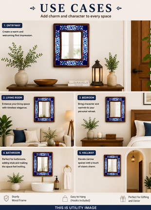 Antique Floral Blue And White Tile Mirror On Wooden Frame