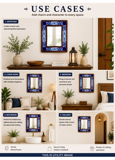 Antique Floral Blue And White Tile Mirror On Wooden Frame