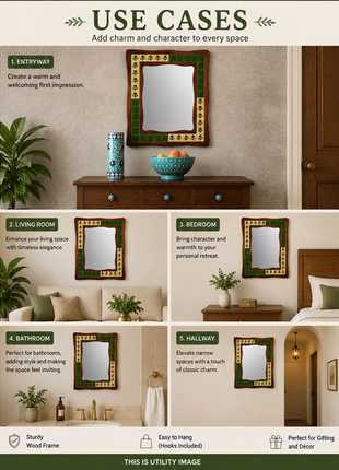 Solid Green With Blue Flowers On Yellow Tile Mirror