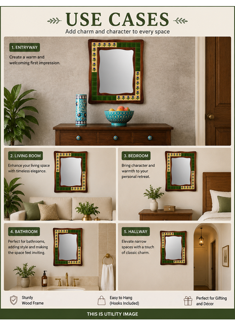 Solid Green With Blue Flowers On Yellow Tile Mirror
