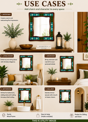 Turquoise And Green Floral Design On Sagwan Wooden Frame