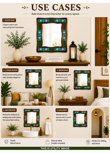 Turquoise And Green Floral Design On Sagwan Wooden Frame