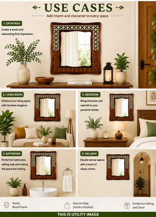 Brown Sagwan Wooden Tile Mirror With Green Design