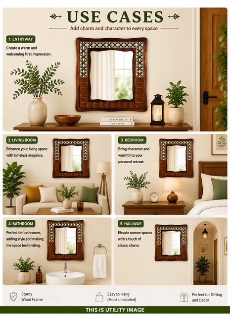 Brown Sagwan Wooden Tile Mirror With Green Design