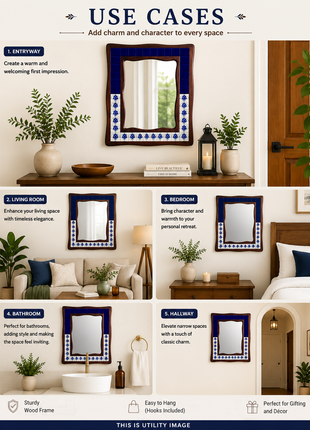 White And Blue Floral Design On White Tile Mirror In Wooden Frame