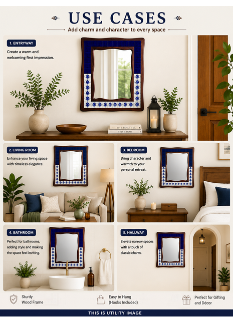 White And Blue Floral Design On White Tile Mirror In Wooden Frame