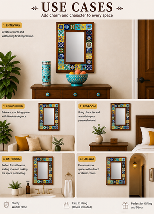 Assorted Handmade Blue Pottery Tiles Wall Hanging Wooden Mirror - 22 by 26 inches
