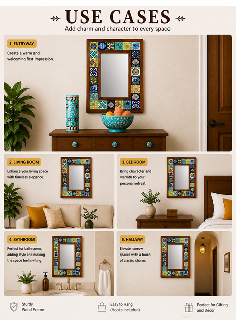 Assorted Handmade Blue Pottery Tiles Wall Hanging Wooden Mirror - 22 by 26 inches
