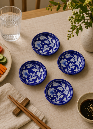 Decorative Blue and White Floral Leafy Design Plate 4 inch (Set of 4)