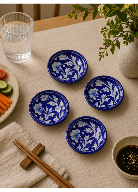 Decorative Blue and White Floral Leafy Design Plate 4 inch (Set of 4)