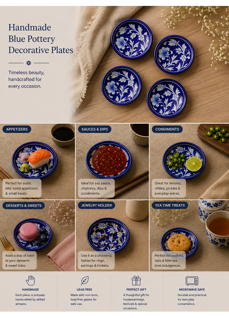 Decorative Blue and White Floral Leafy Design Plate 4 inch (Set of 4)