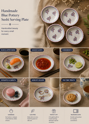 Handmade Blue Pottery Sushi Serving Plate 5 inch (Set of 4)
