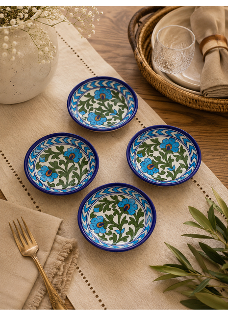 Green leaf and Turquoise Flowers Decorative Plate 5 inch(Set of 4)