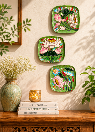 Series of 3 Hand Painted Lotus Story Wall Plates, Wall Hanging Plates