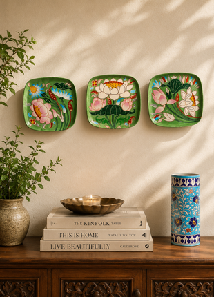 Series of 3 Hand Painted Lotus Story Wall Plates, Wall Hanging Plates